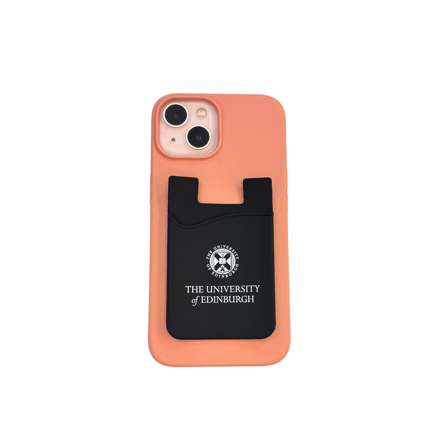 Black silicone phone wallet with white university crest logo designed to securely hold cards. The wallet is slim, adhesive-backed, and attaches to the back of a phone or phone case for easy access.