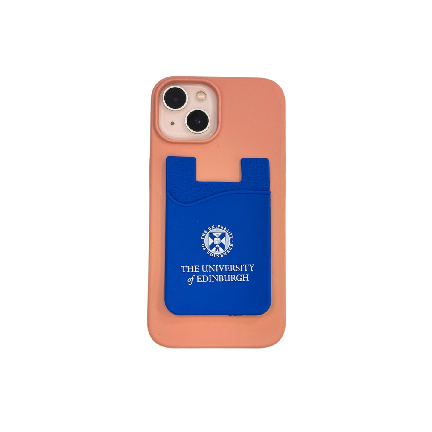 Blue silicone phone wallet with white university crest logo designed to securely hold cards. The wallet is slim, adhesive-backed, and attaches to the back of a phone or phone case for easy access.