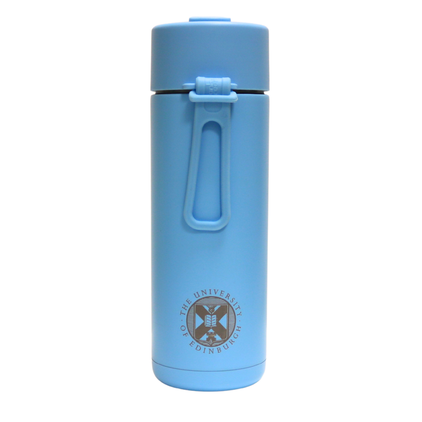 The front of the Frank Green Thermal Reusable Bottle - 595ml in Sky Blue with the University logo laser engraved. The front also shows the silicon strap.