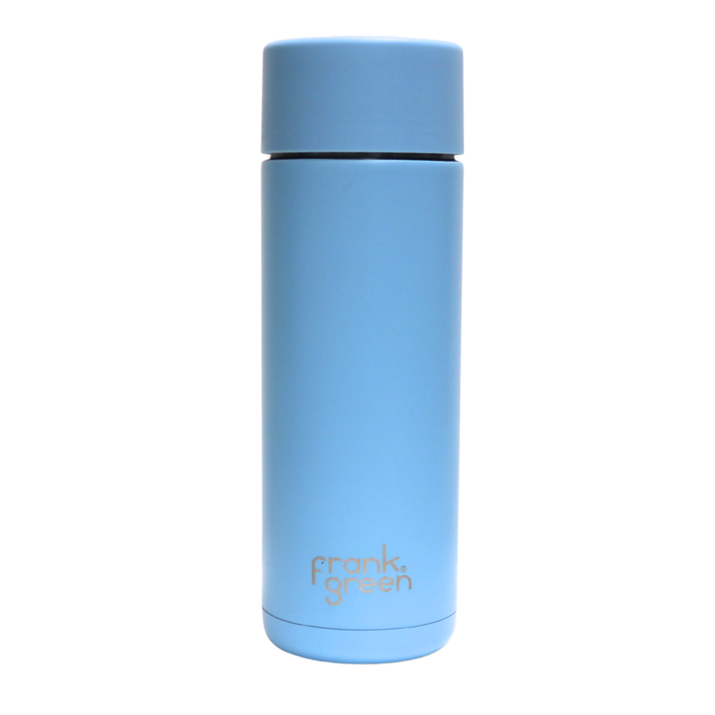 The back of the Frank Green Thermal Reusable Bottle - 595ml in Sky Blue with the Frank Green logo laser engraved.