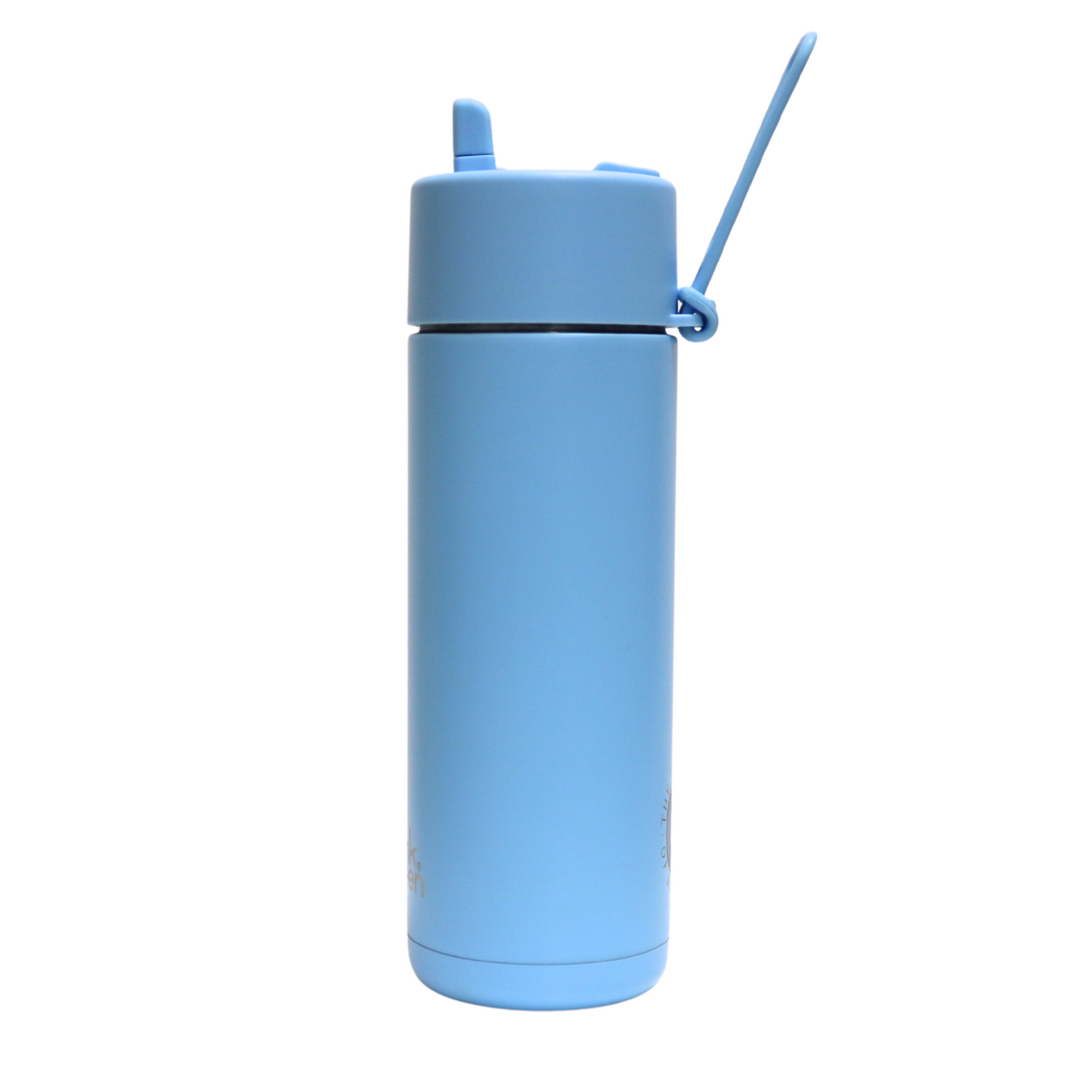 The side of the Frank Green Thermal Reusable Bottle - 595ml in Sky Blue with the straw and silicon strap flipped upwards.