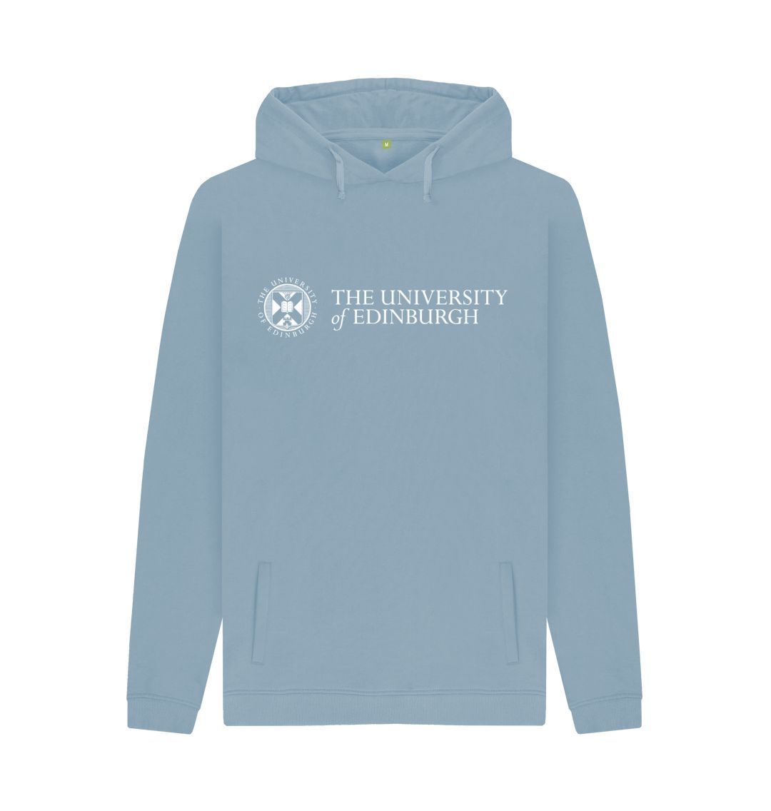 A stone blue pullover hoodie with the University logo printed across the chest in white