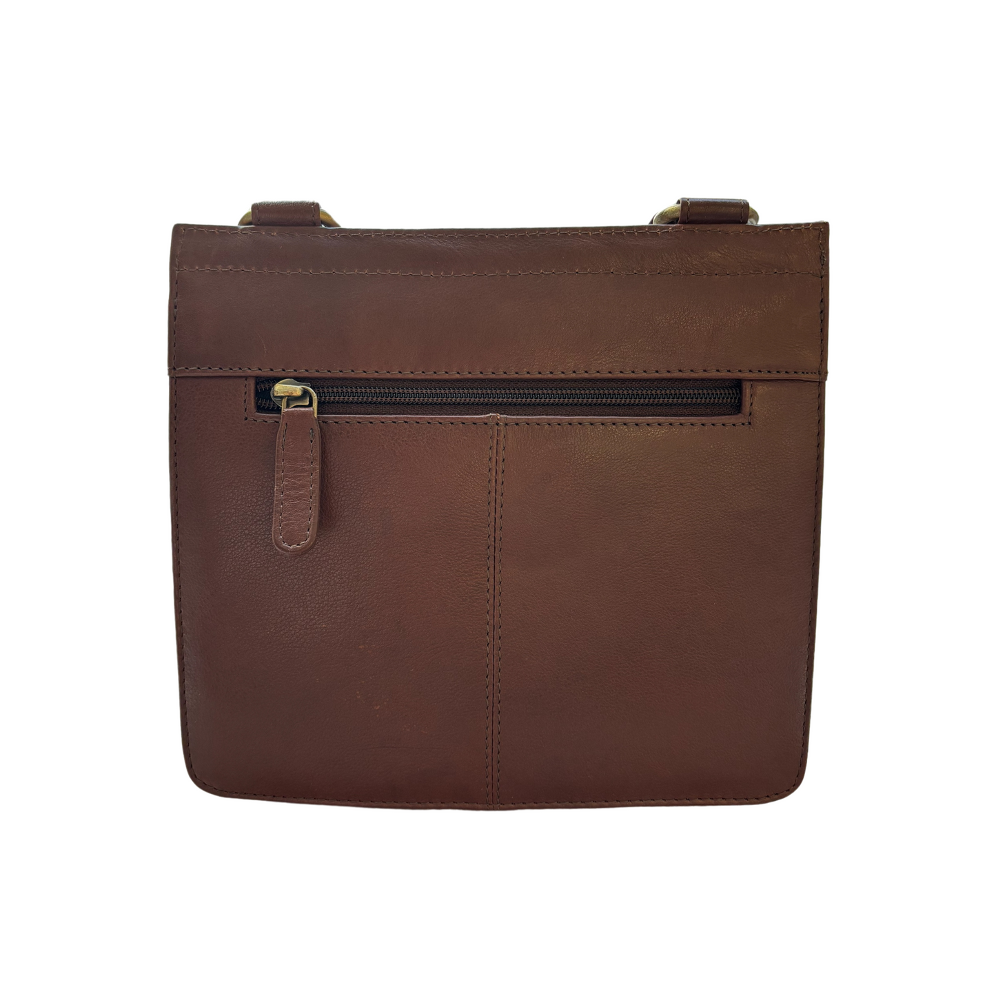 The back of the crossbody bag features a zipped pocket with gold hardware and a leather zip pull.