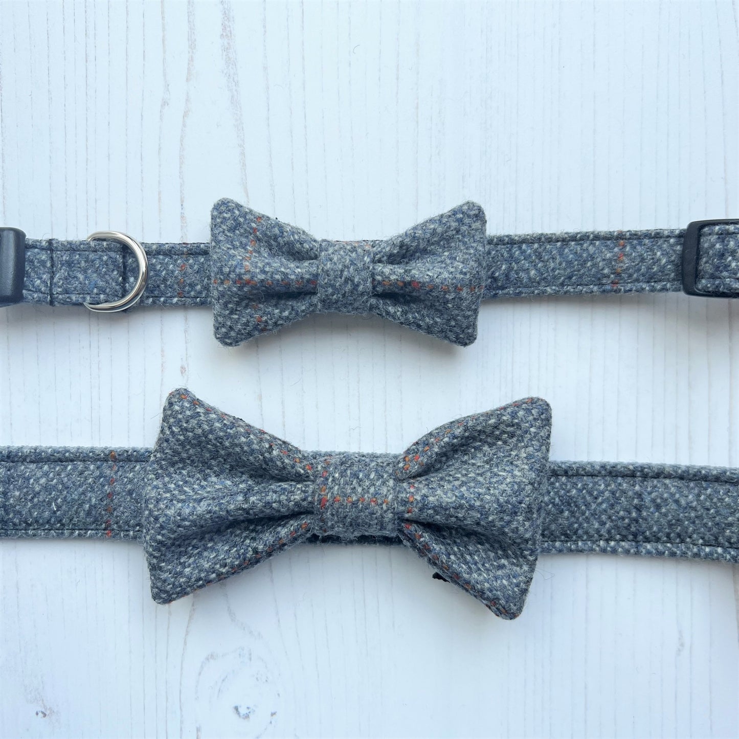 Close-up of the University Tweed Pet Collar with the University Tweed Pet Bowtie.