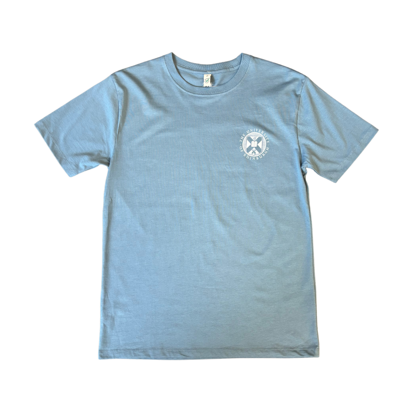 A light blue t-shirt with the University crest printed in white