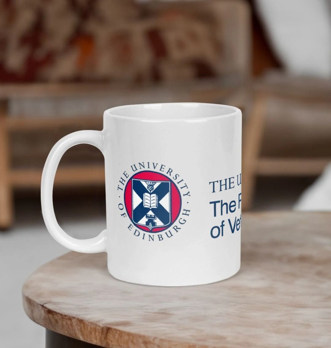 White Royal (Dick) School of Veterinary Studies mug with multi-colour printed University crest and logo