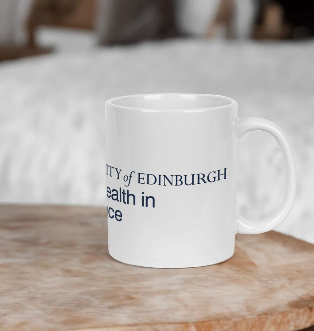 White School of Health in Social Science Mug with multi-colour printed University crest and logo