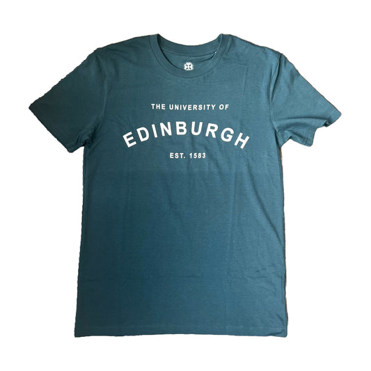 Established design unisex t-shirt in teal with white writing.