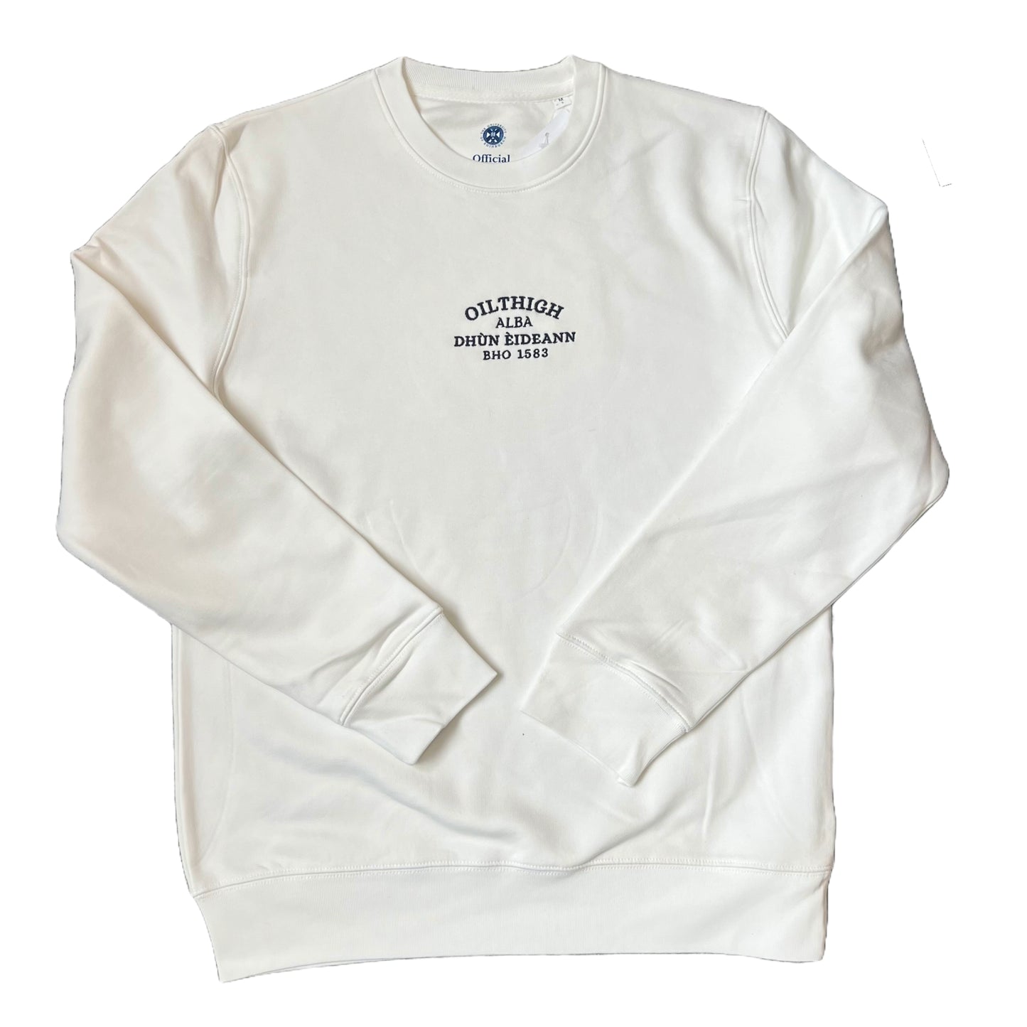 Off white sweatshirt with 'Oilthigh Dunn EIdean, bho 1583, Alba" embroidered in black