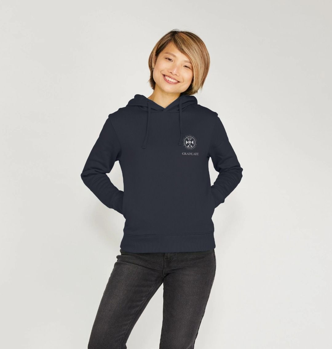 Model wears Navy School of Informatics 'Class Of' Graduate Hoodie showing front design.