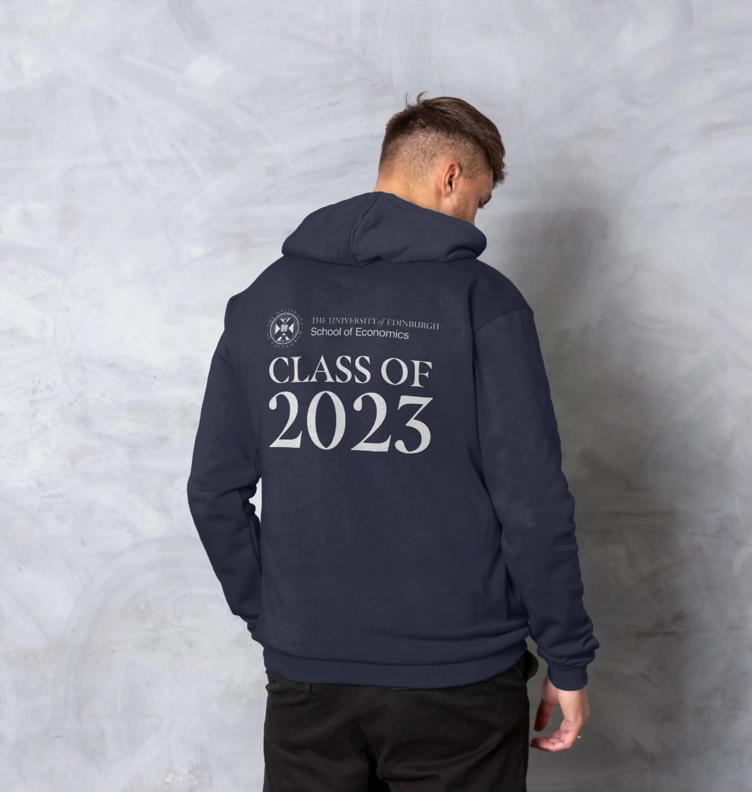 Model wears Navy School of Economics 'Class Of' Graduate Hoodie showing back design.