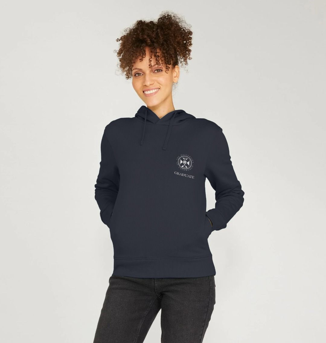 Model wears Navy School of Mathematics 'Class Of' Graduate Hoodie showing front design.