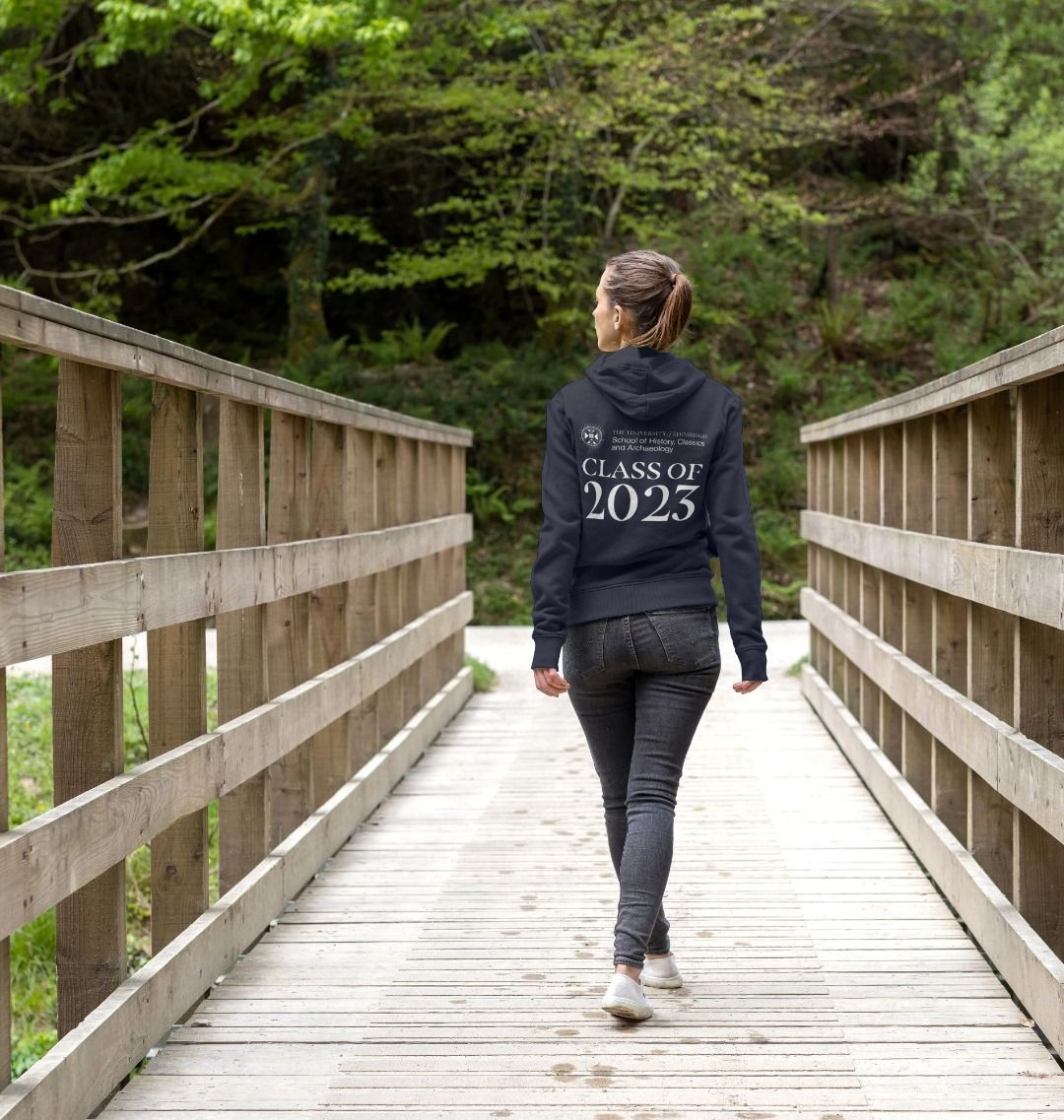 Model wears Navy History, Classics and Archaeology 'Class Of' Graduate Hoodie showing back design.