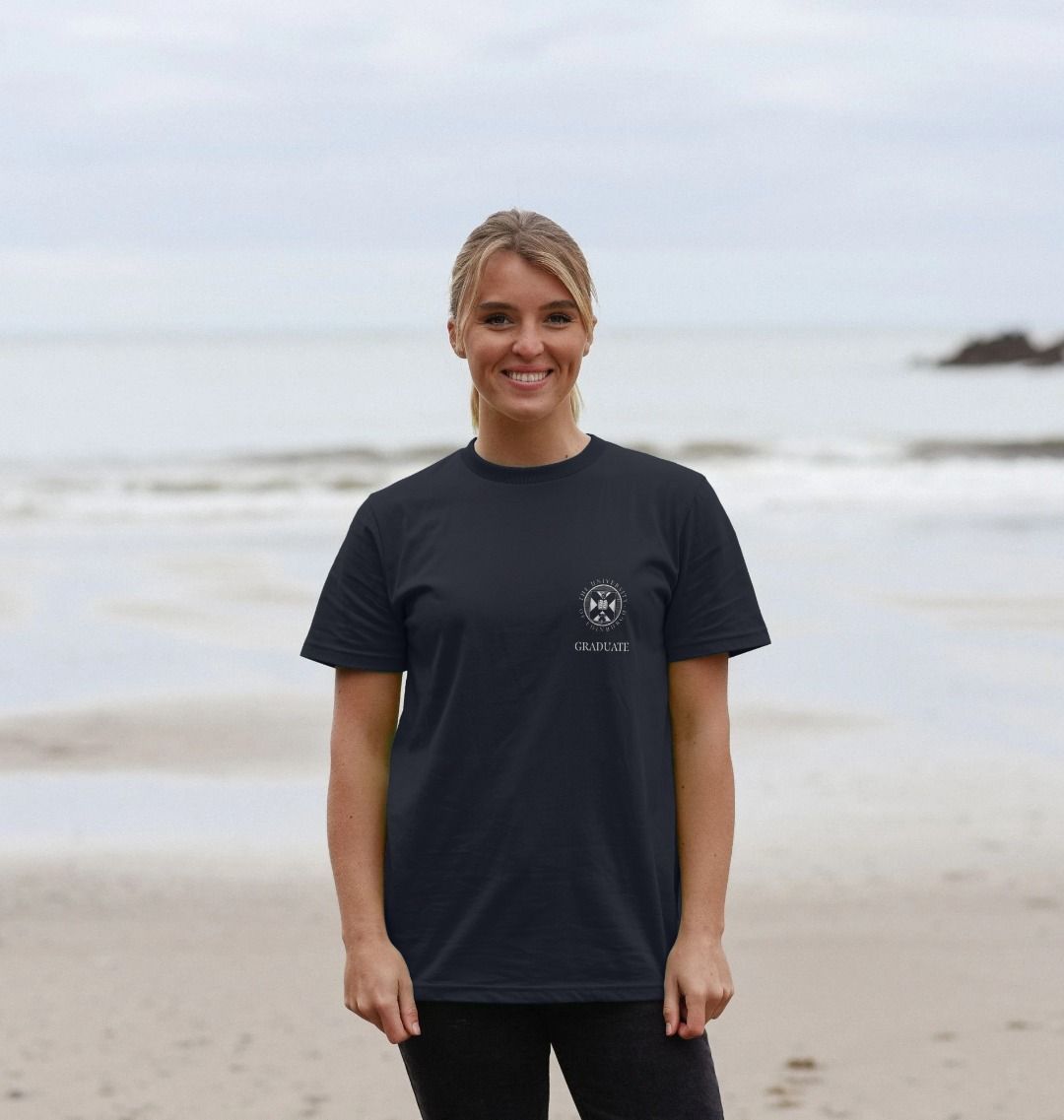 Model wears Navy Blue School of Mathematics 'Class Of' Graduate T-SHIRT showing front design.