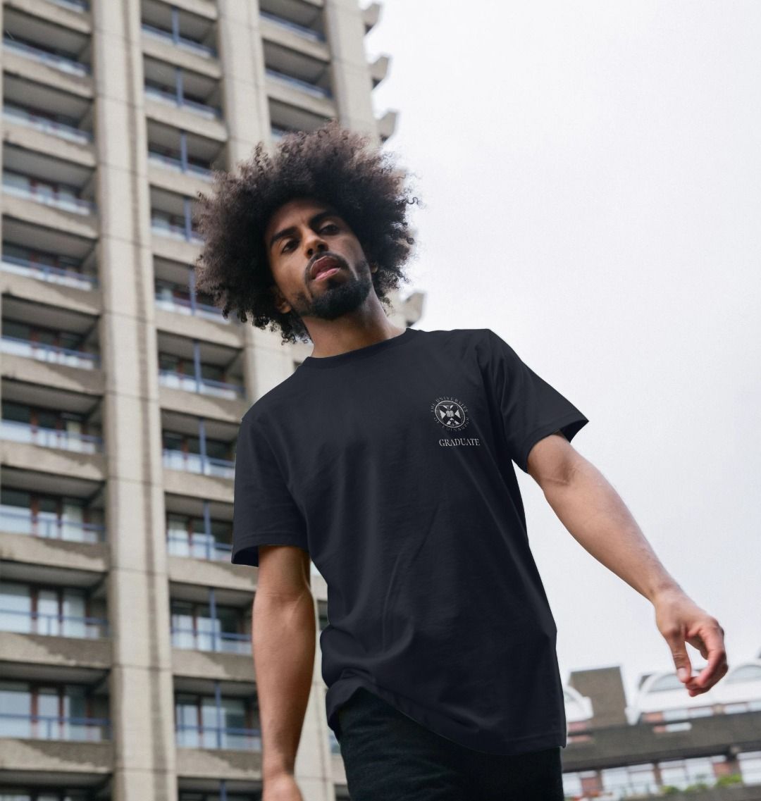 Model wears Navy Blue School of Biological Sciences 'Class Of' Graduate T-Shirt showing front design.