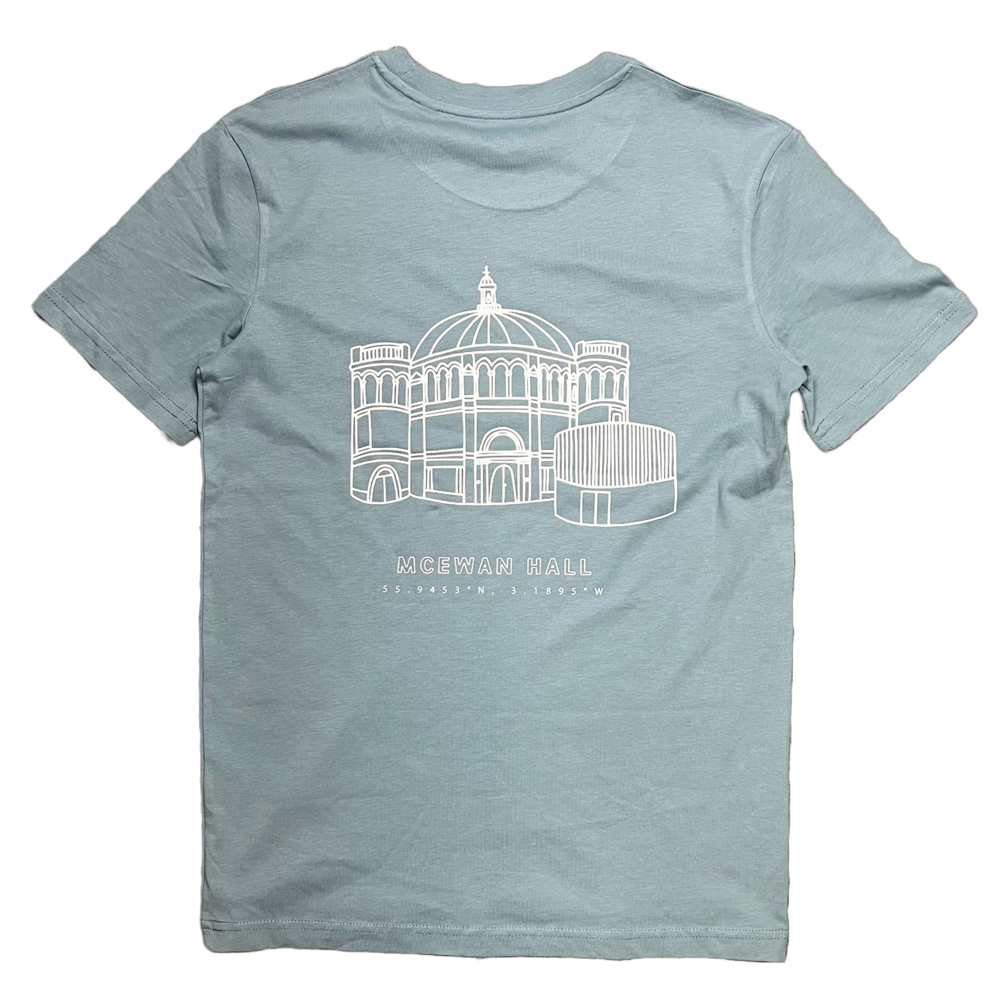 McEwan Hall Coordinates T-Shirt in Blue. Image showing design on back - line art of McEwan Hall with text and coordinates underneath.