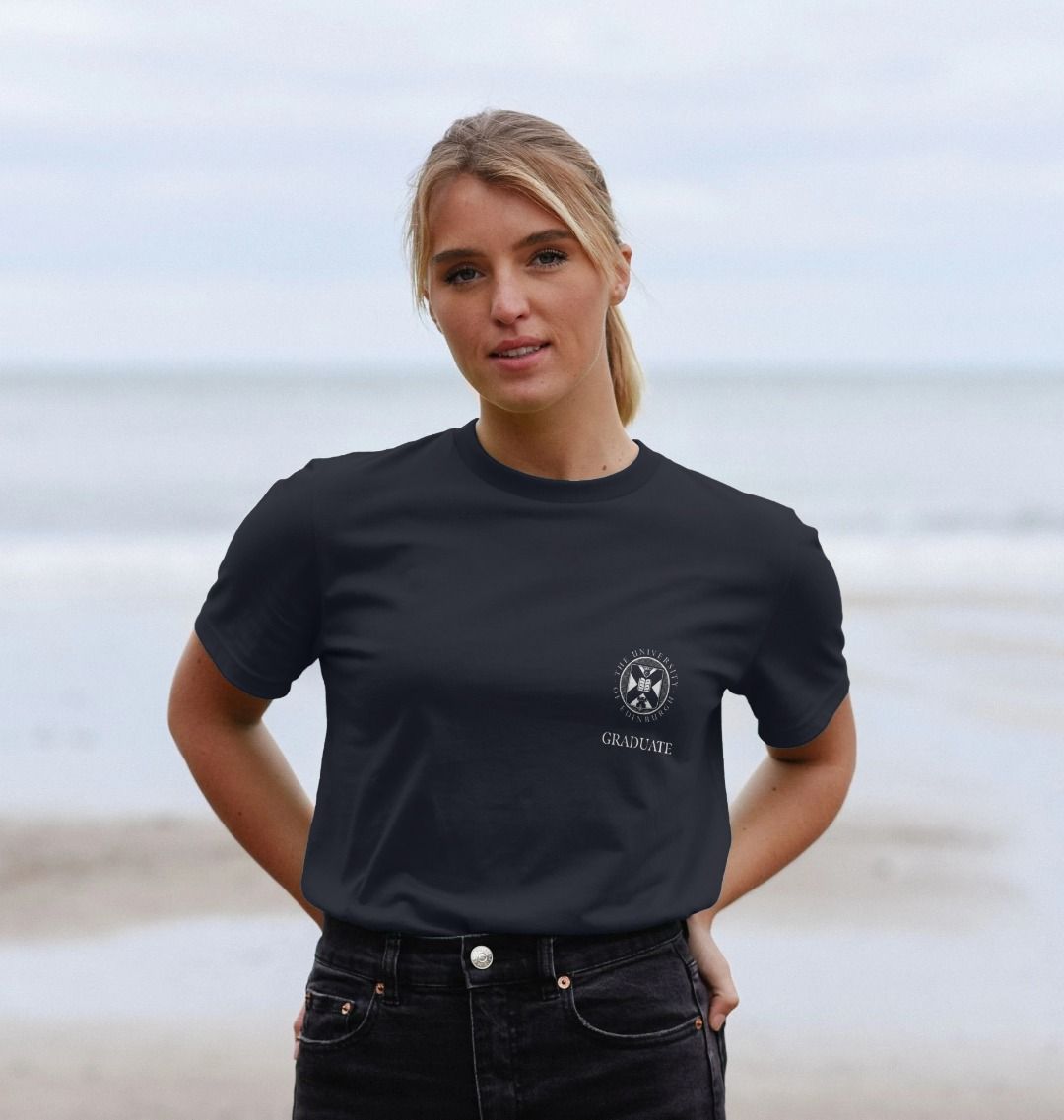 Model wears Navy Blue Edinburgh Law School 'Class Of' Graduate T-Shirt showing front design.