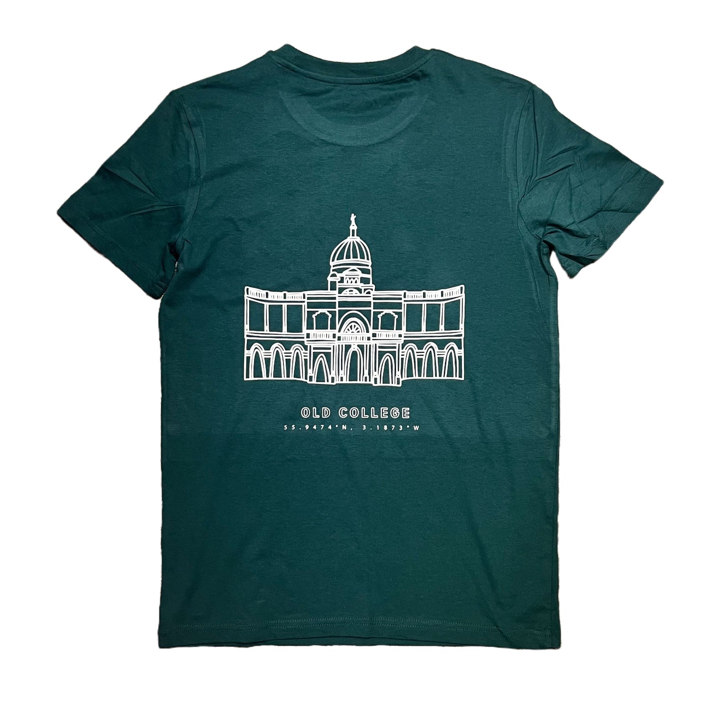 Old College Coordinates T-Shirt in Green. Image showing design on back of Old College in line art style and text with coordinates underneath.