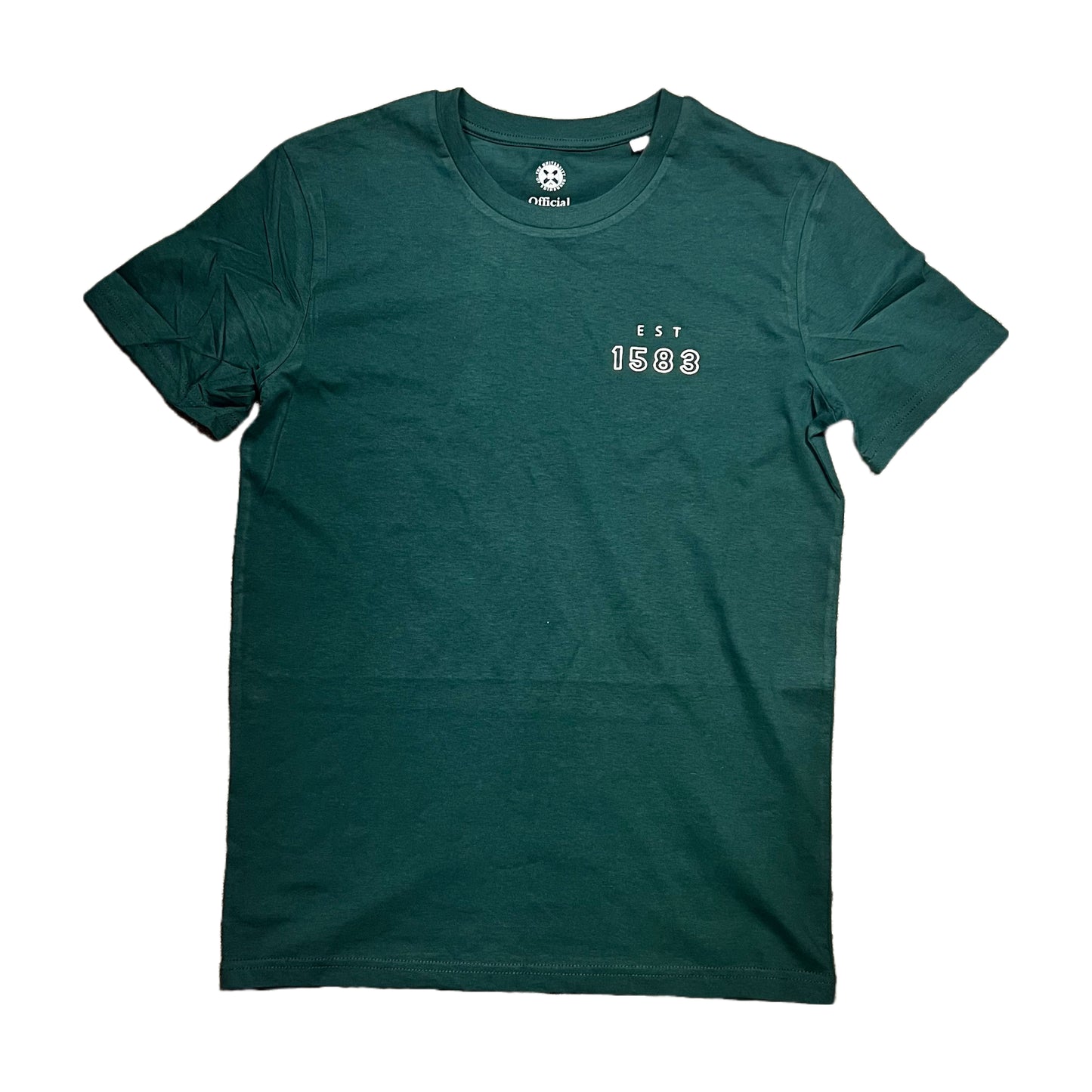 Old College Coordinates T-Shirt in Green. Image showing front design that has text 'EST 1583'.