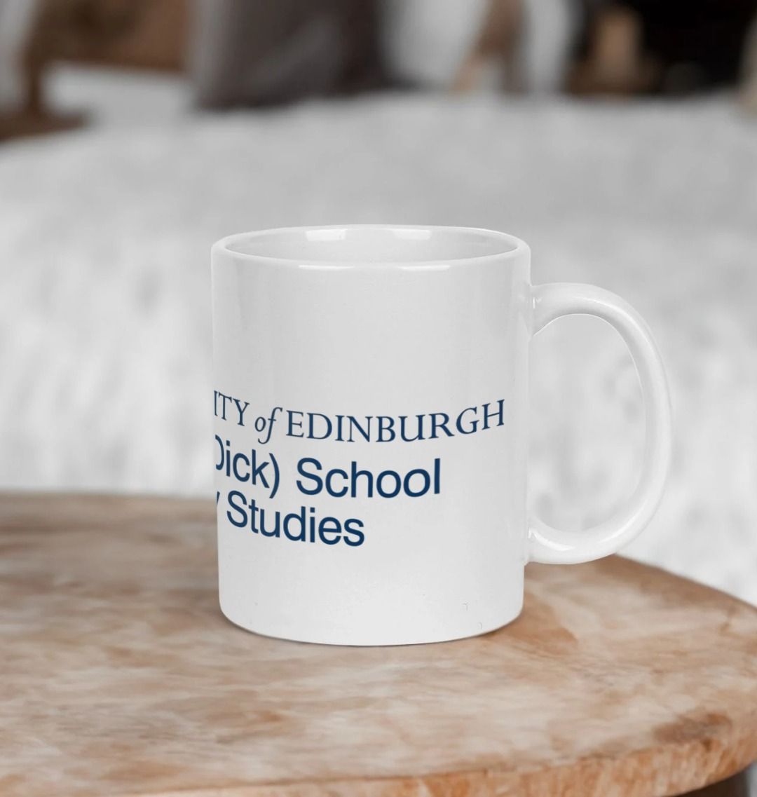 White Royal (Dick) School of Veterinary Studies mug with multi-colour printed University crest and logo