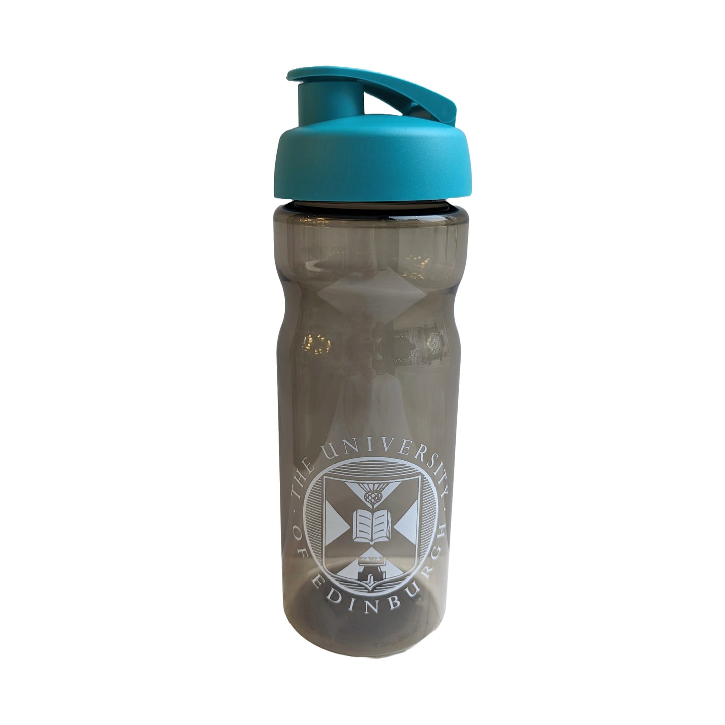 An opaque dark grey water bottle with a white university crest and a blue/teal cap