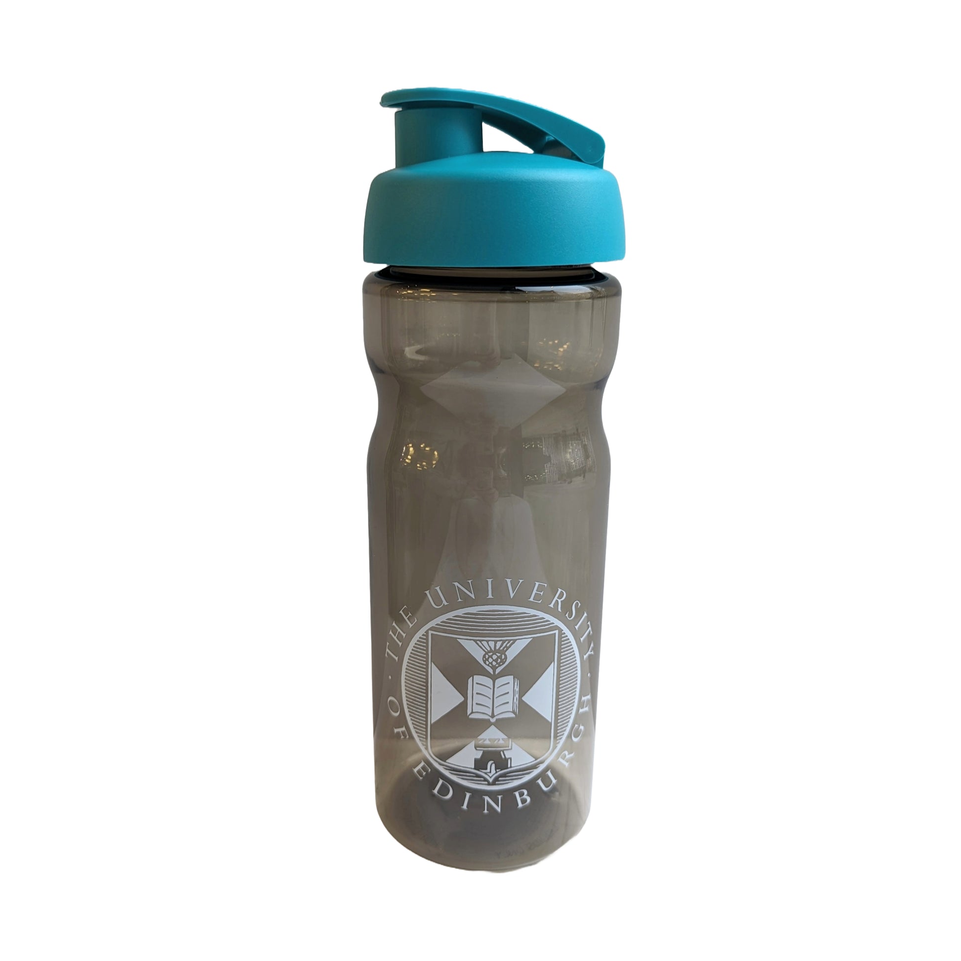 An opaque dark grey water bottle with a white university crest and a blue/teal cap