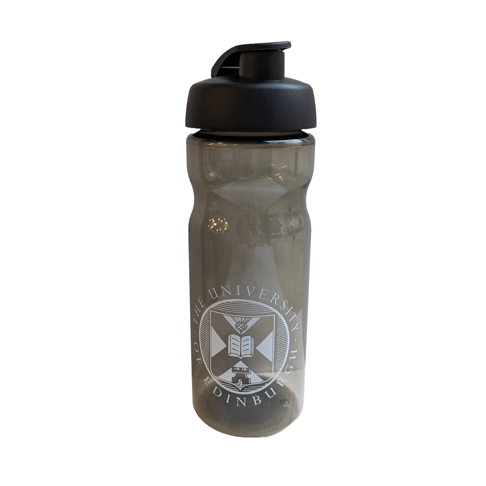 An opaque dark grey water bottle with a white university crest and a black cap