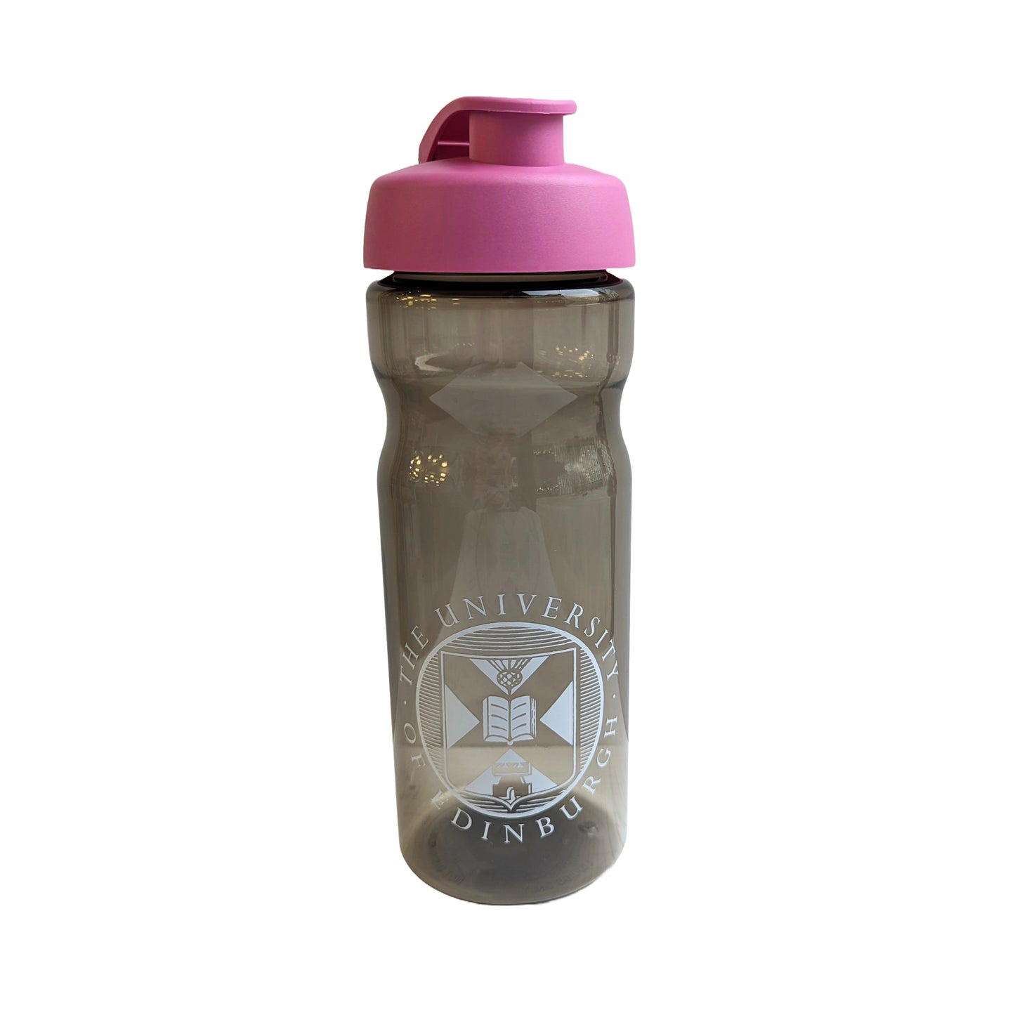 An opaque dark grey water bottle with a white university crest and a pink cap