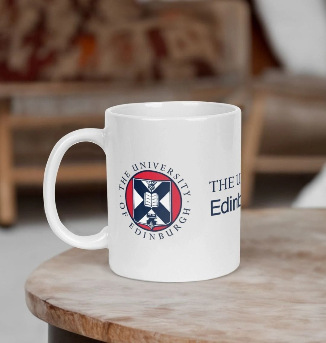 White Edinburgh Law School Mug with multi-colour printed University crest and logo