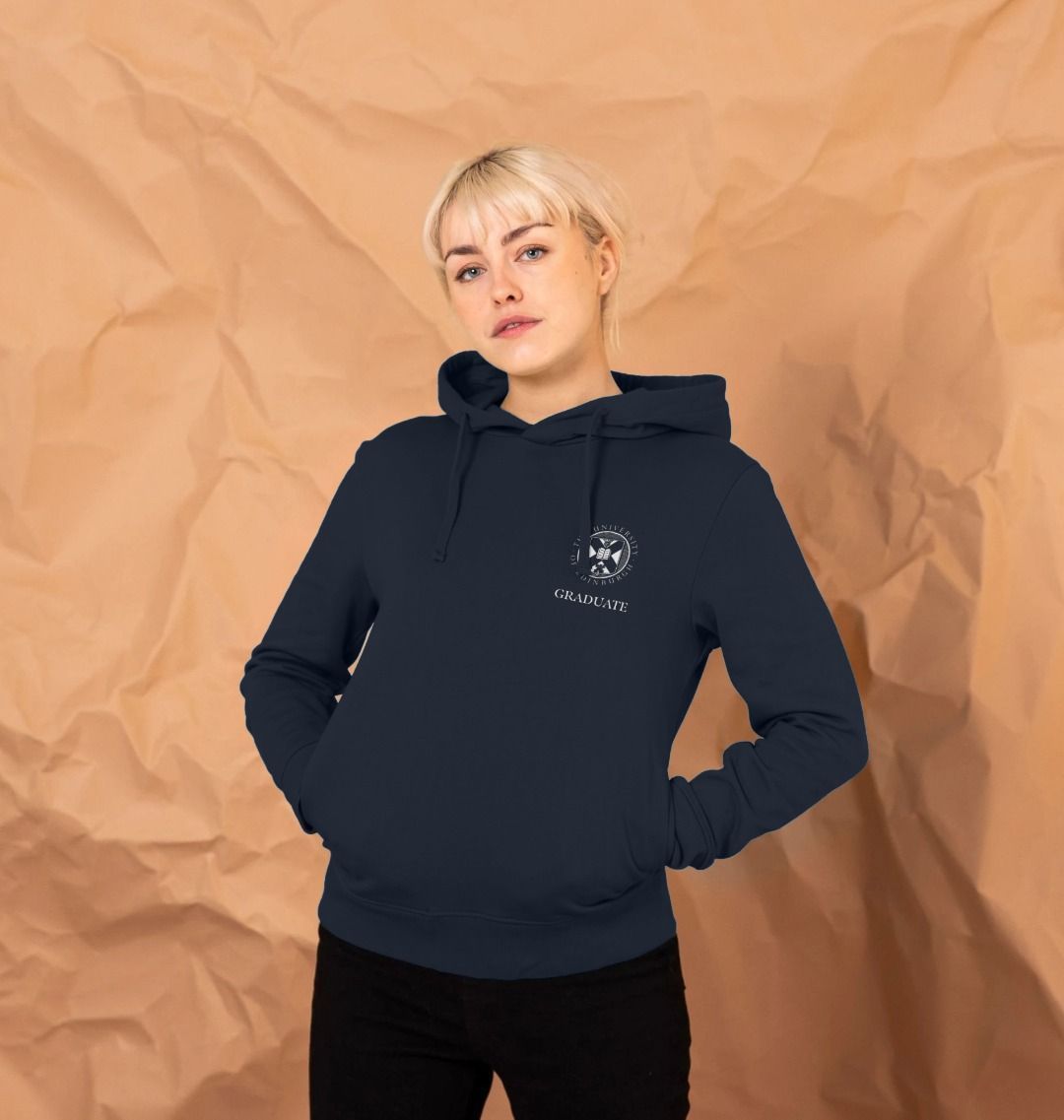 Model wears Navy School of Biological Sciences 'Class Of' Graduate Hoodie showing front design.