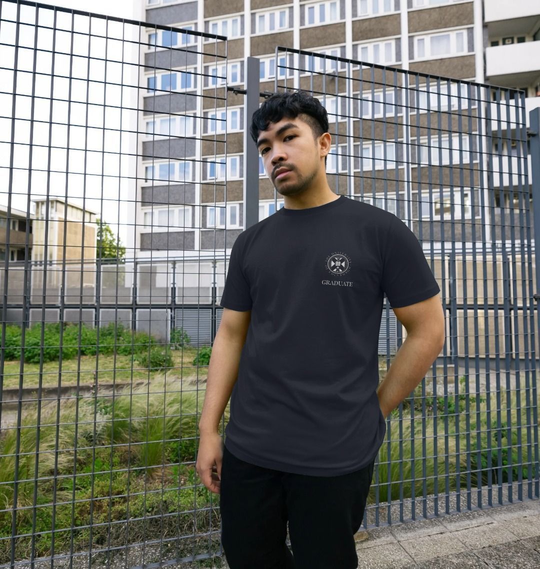 Model wears Navy Blue School Of GeoSciences 'Class Of' Graduate T-Shirt showing front design.