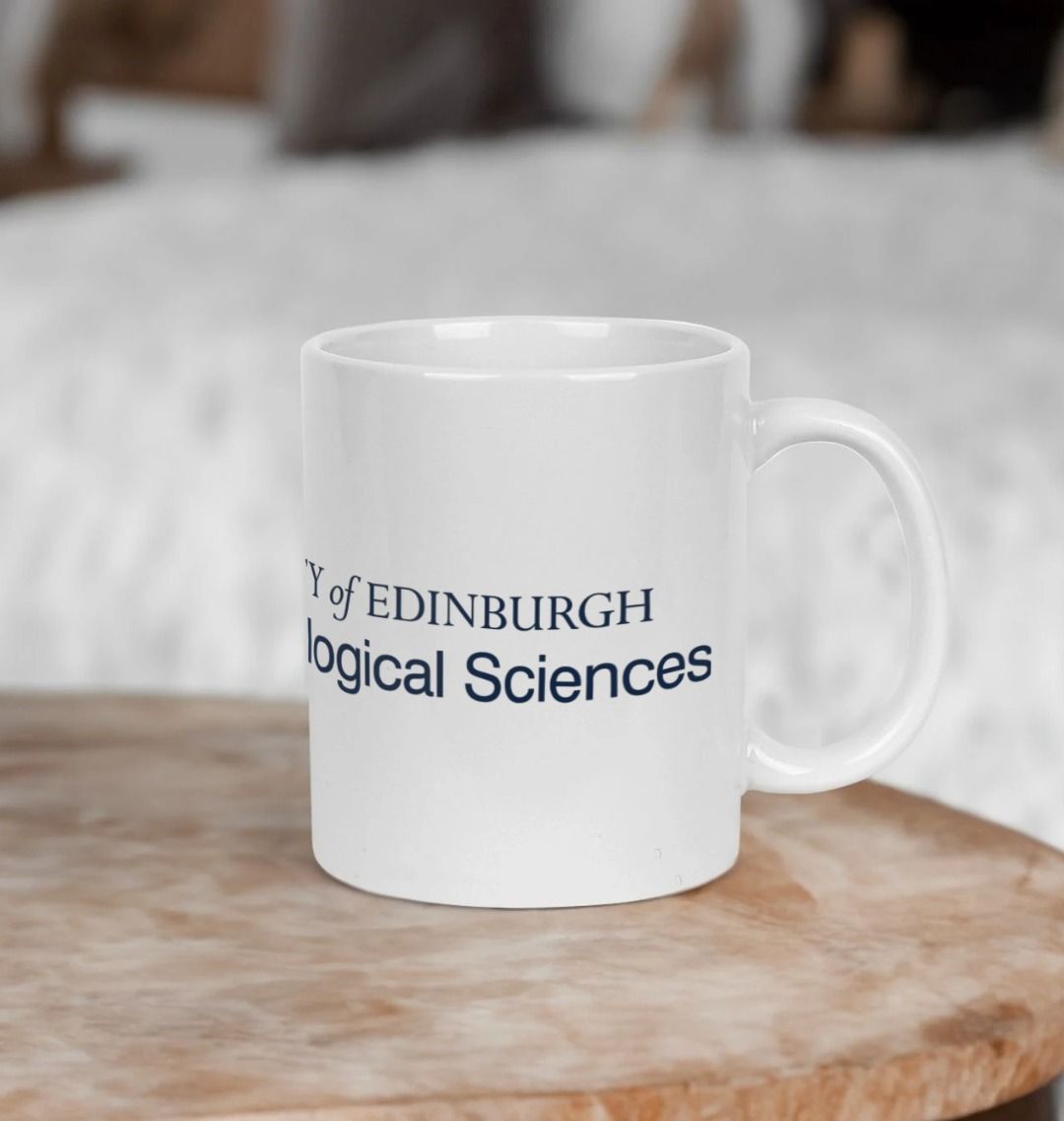 White School of Biological Sciences mug with multi-colour printed University crest and logo