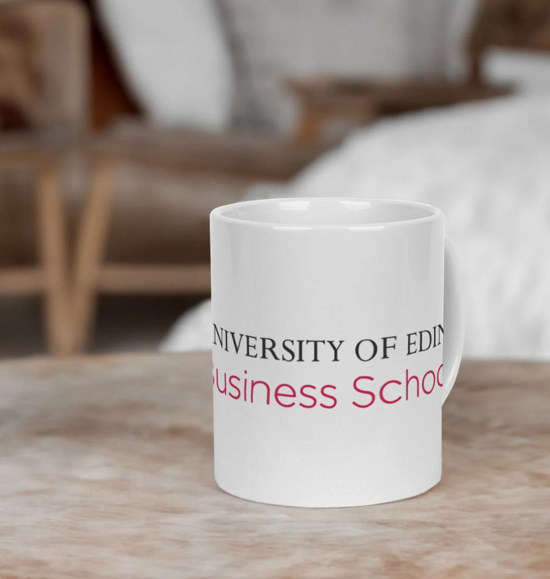 White Business School Mug with multi-colour printed University crest and logo