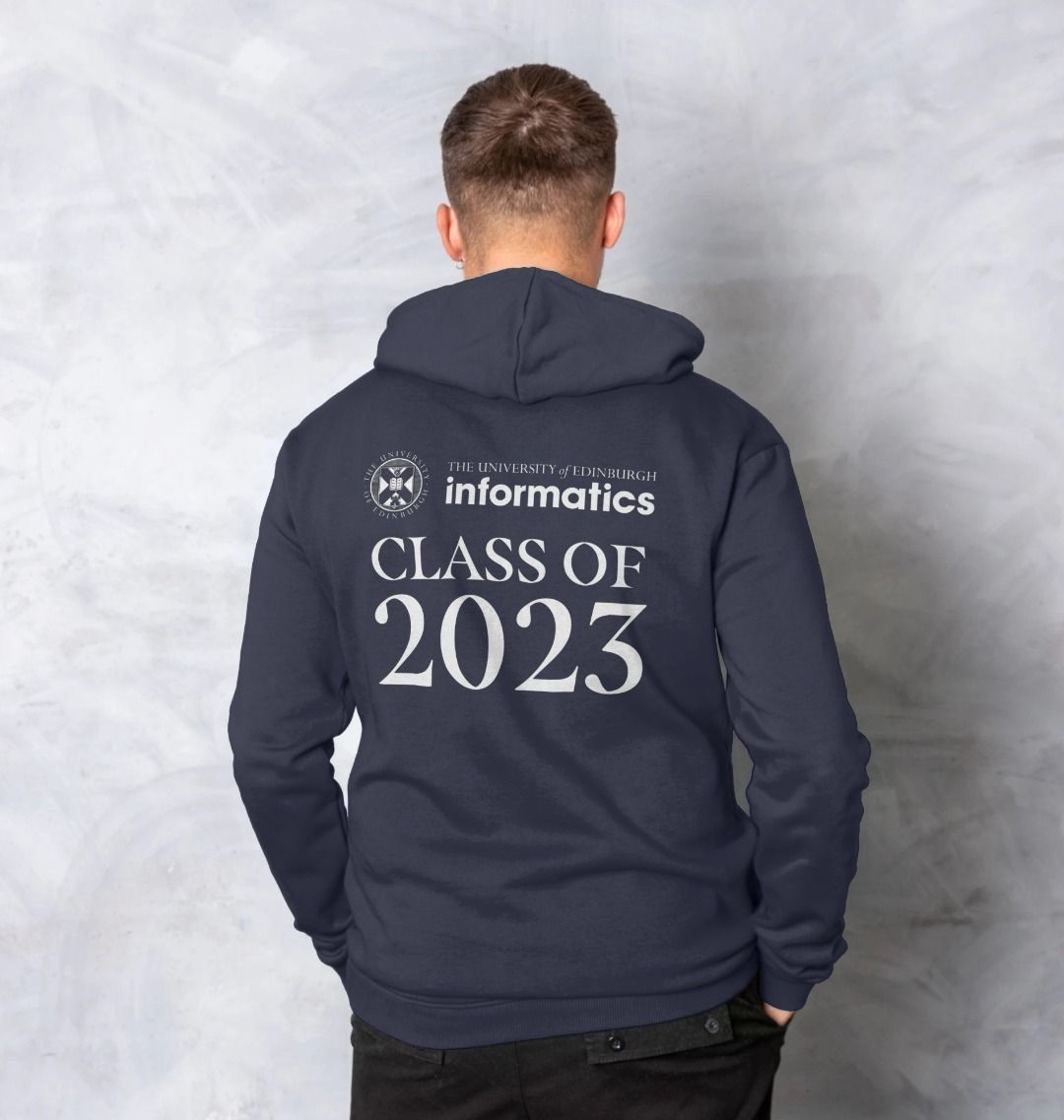 Model wears Navy School of Informatics 'Class Of' Graduate Hoodie showing back design.