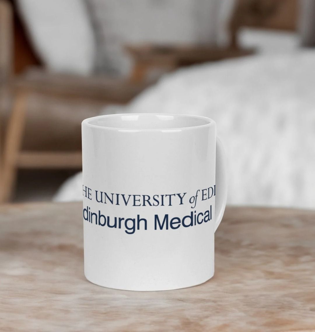 White Edinburgh Medical School Mug with multi-colour printed University crest and logo