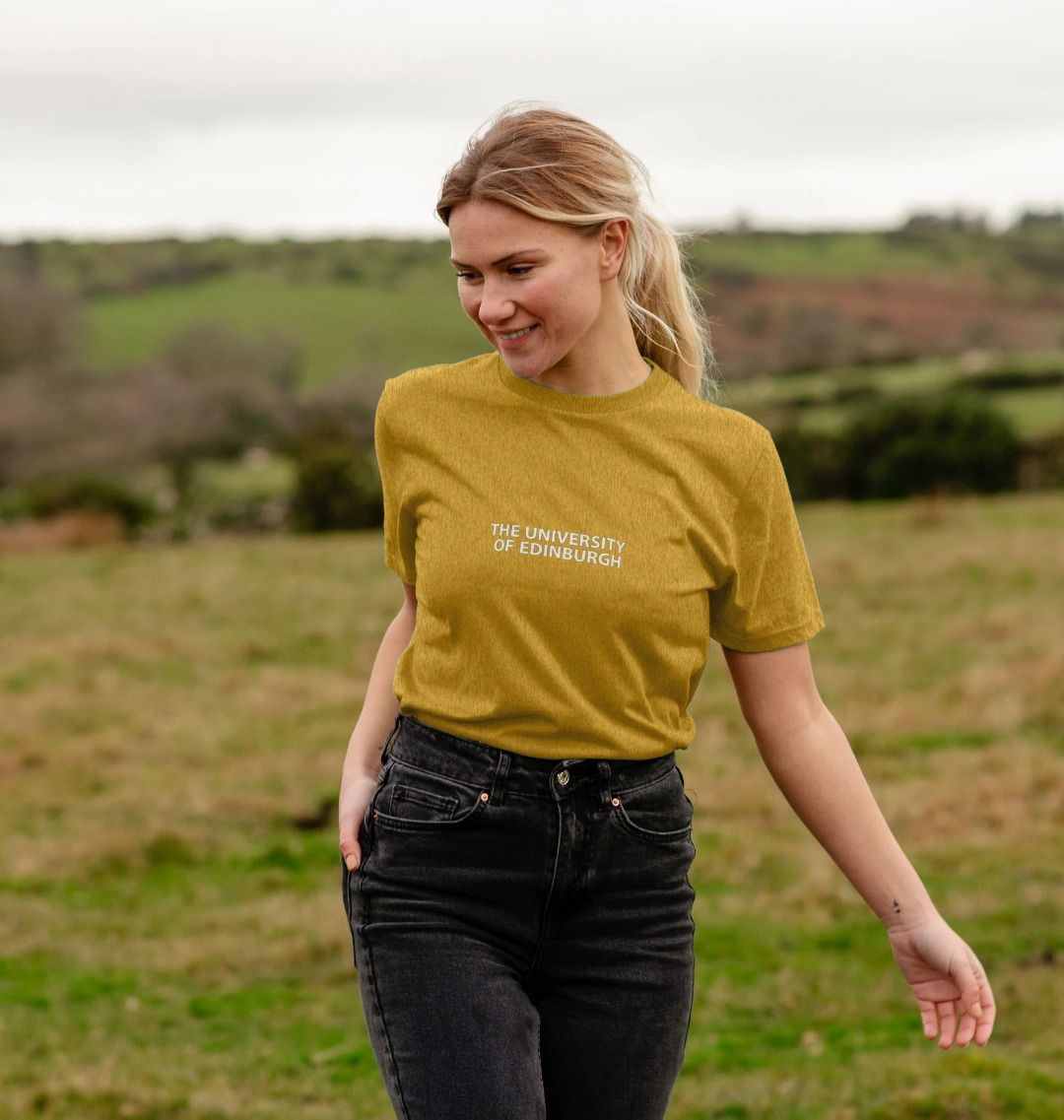 Model wears Sunflower Yellow Pastel University Recycled T-Shirt