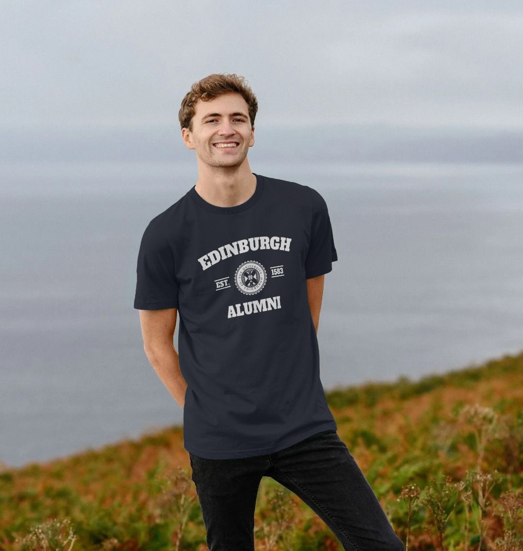 Model wears Navy Blue Retro Alumni T-Shirt