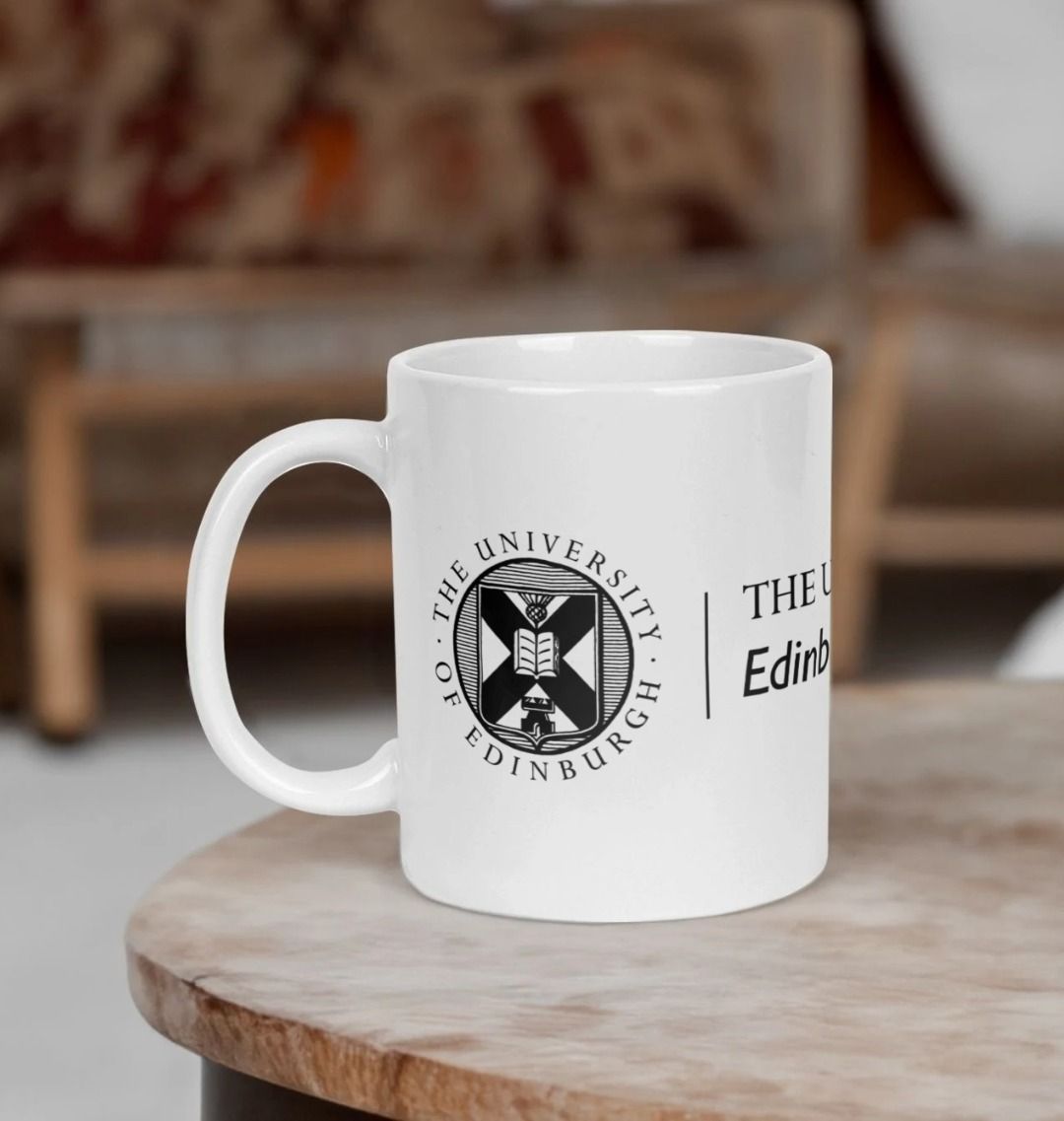 White Edinburgh College of Art Mug with black printed University crest and logo