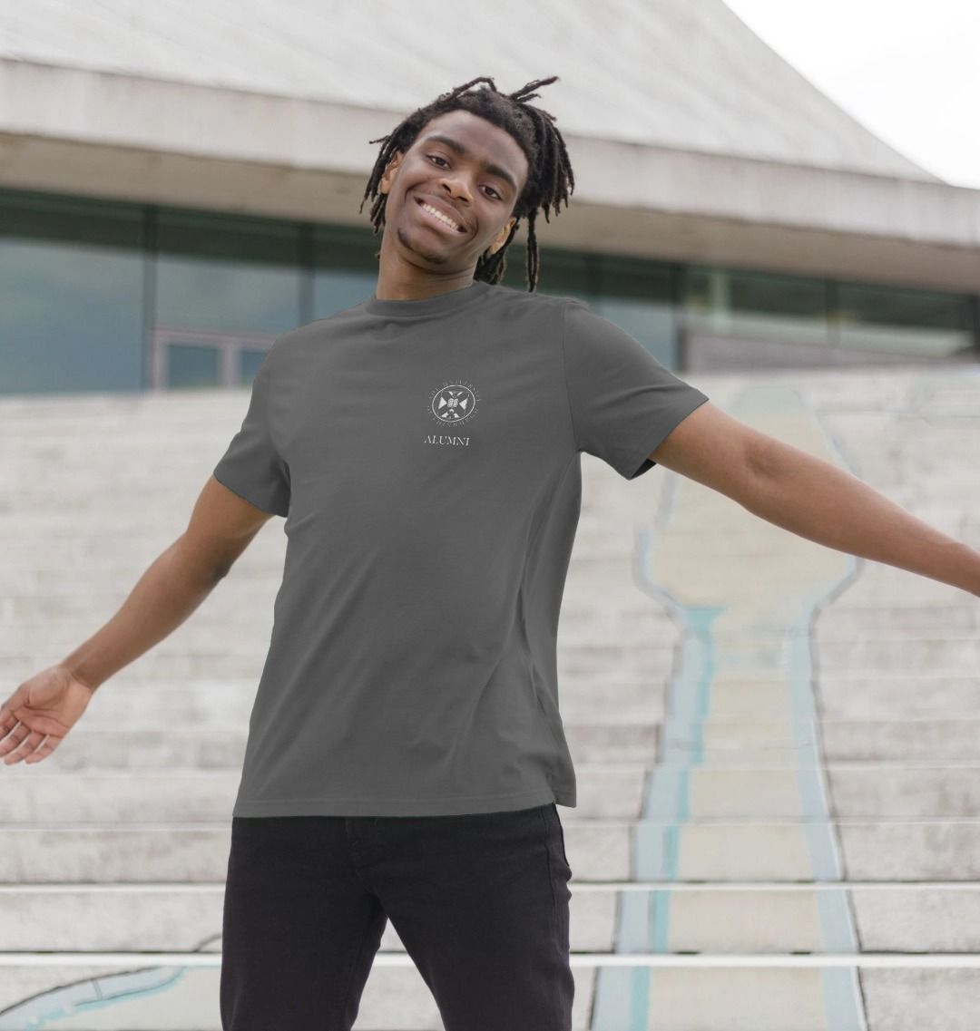 Model wears Slate Grey Alumni Small Crest T-Shirt