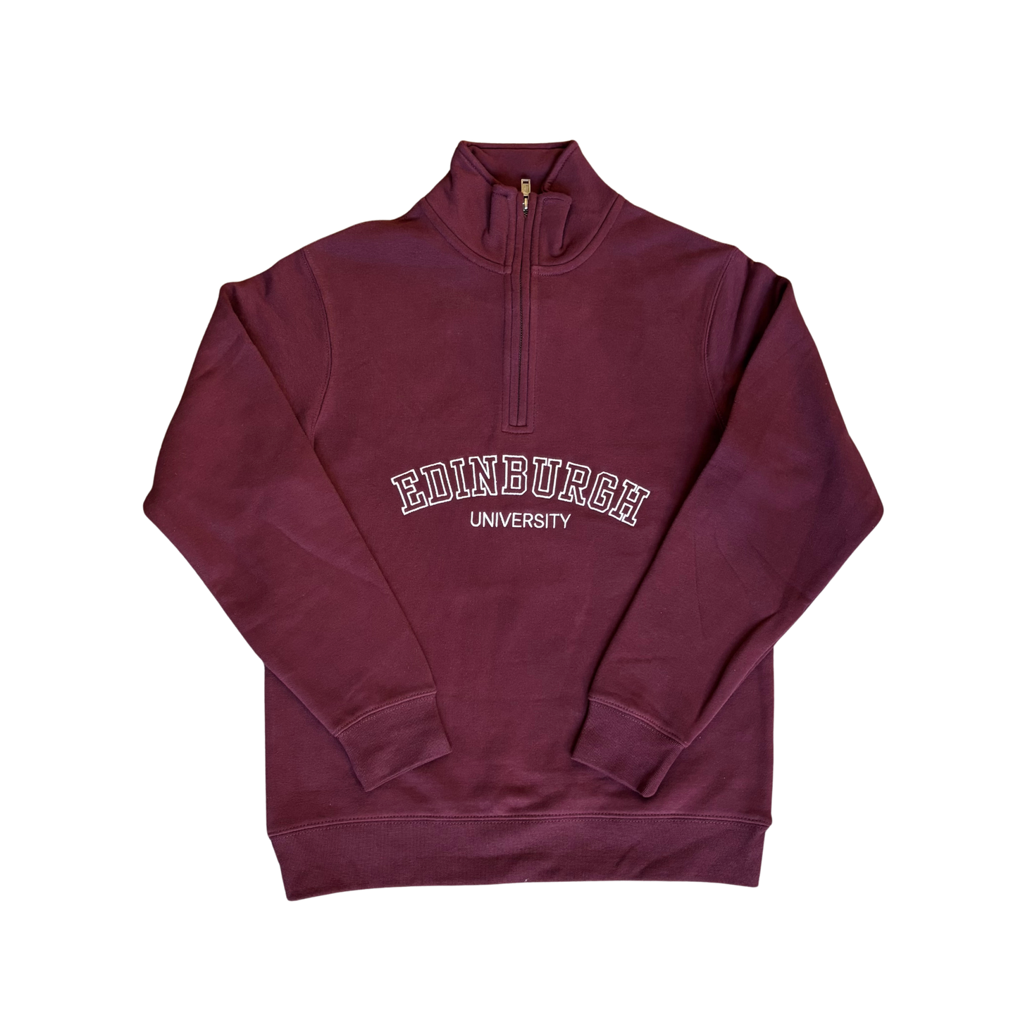 Burgundy sweatshirt with 'Edinburgh University' text on a white background