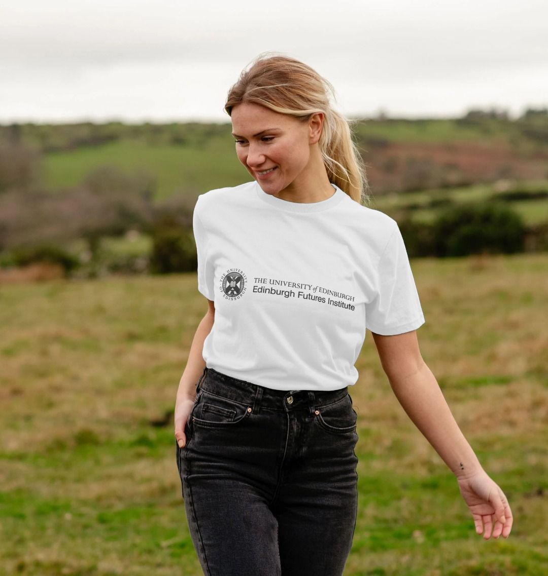 Model wears White Edinburgh Futures Institute T-Shirt in White.