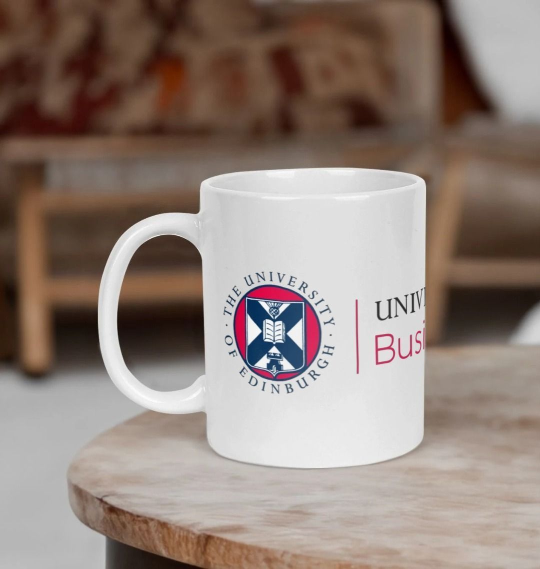 White Business School Mug with multi-colour printed University crest and logo