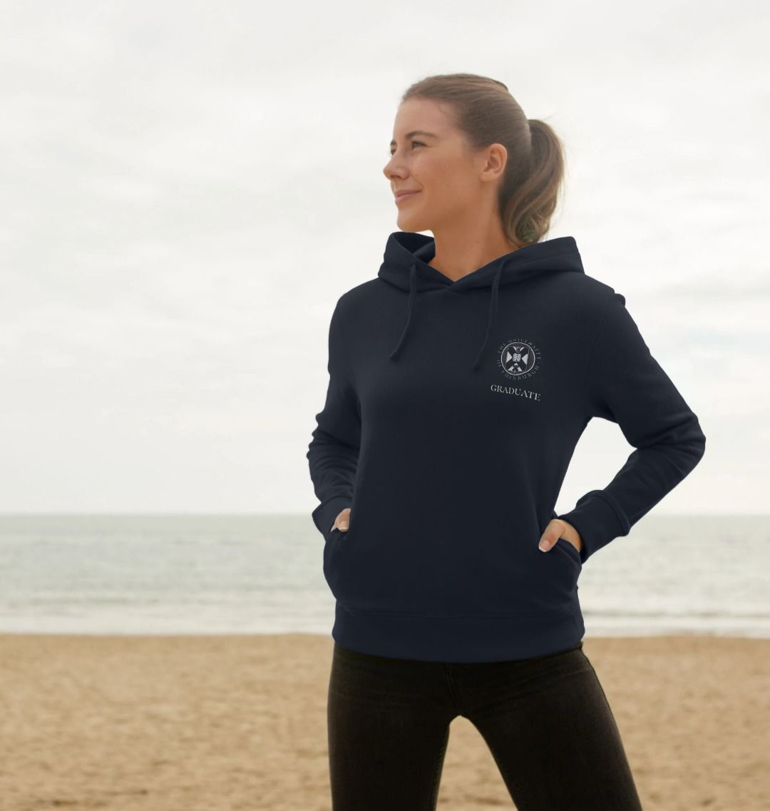 Model wears Navy Edinburgh Medical School 'Class Of' Graduate Hoodie showing front design.