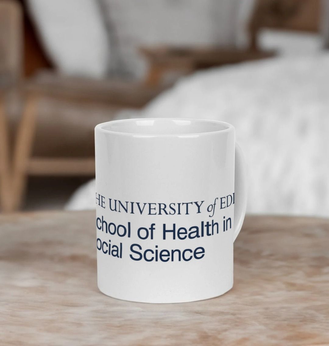White School of Health in Social Science Mug with multi-colour printed University crest and logo