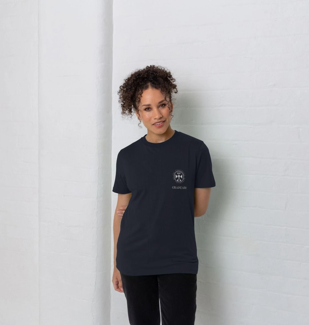 Model wears Navy Blue School of Economics 'Class Of' Graduate T-Shirt showing front design.