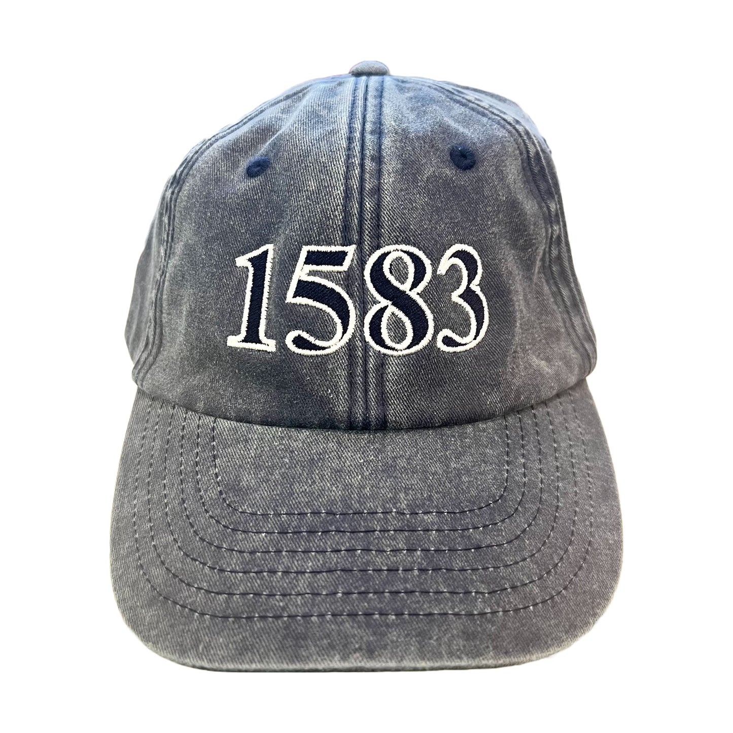 Front view of a dark blue denim baseball cap with large blue and white text reading '1583'