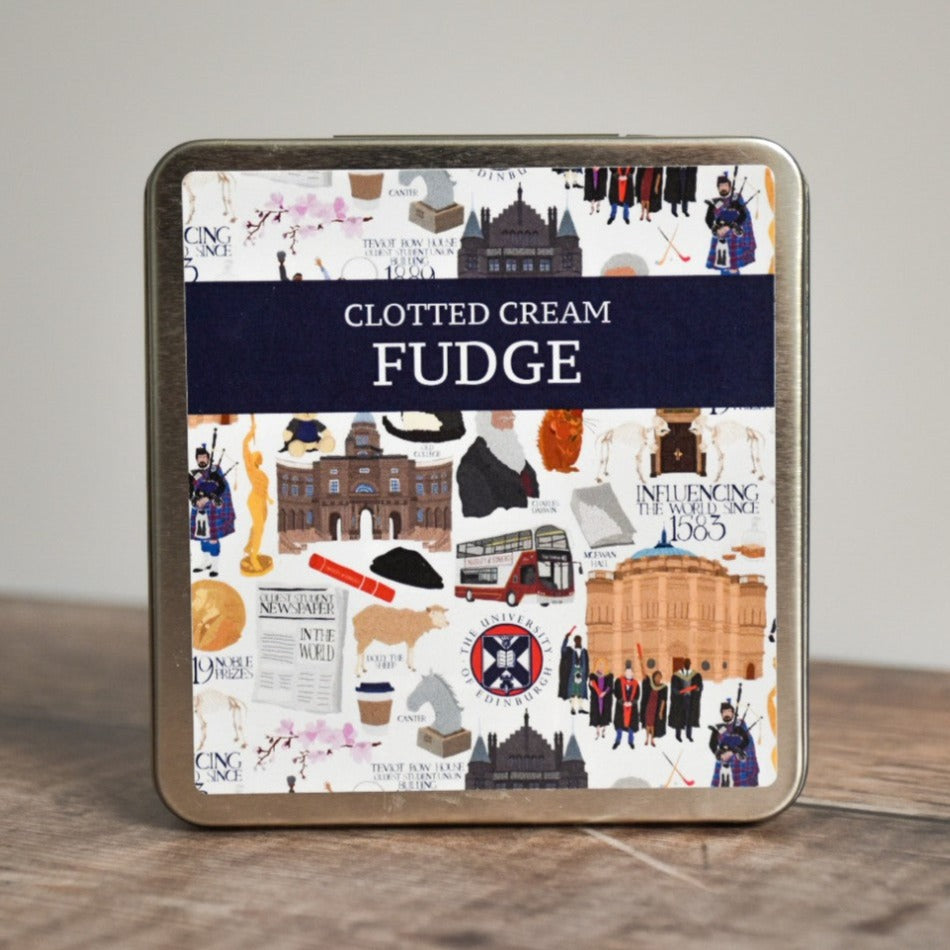 Clotted Cream Fudge tin container with University of Edinburgh illustrations.
