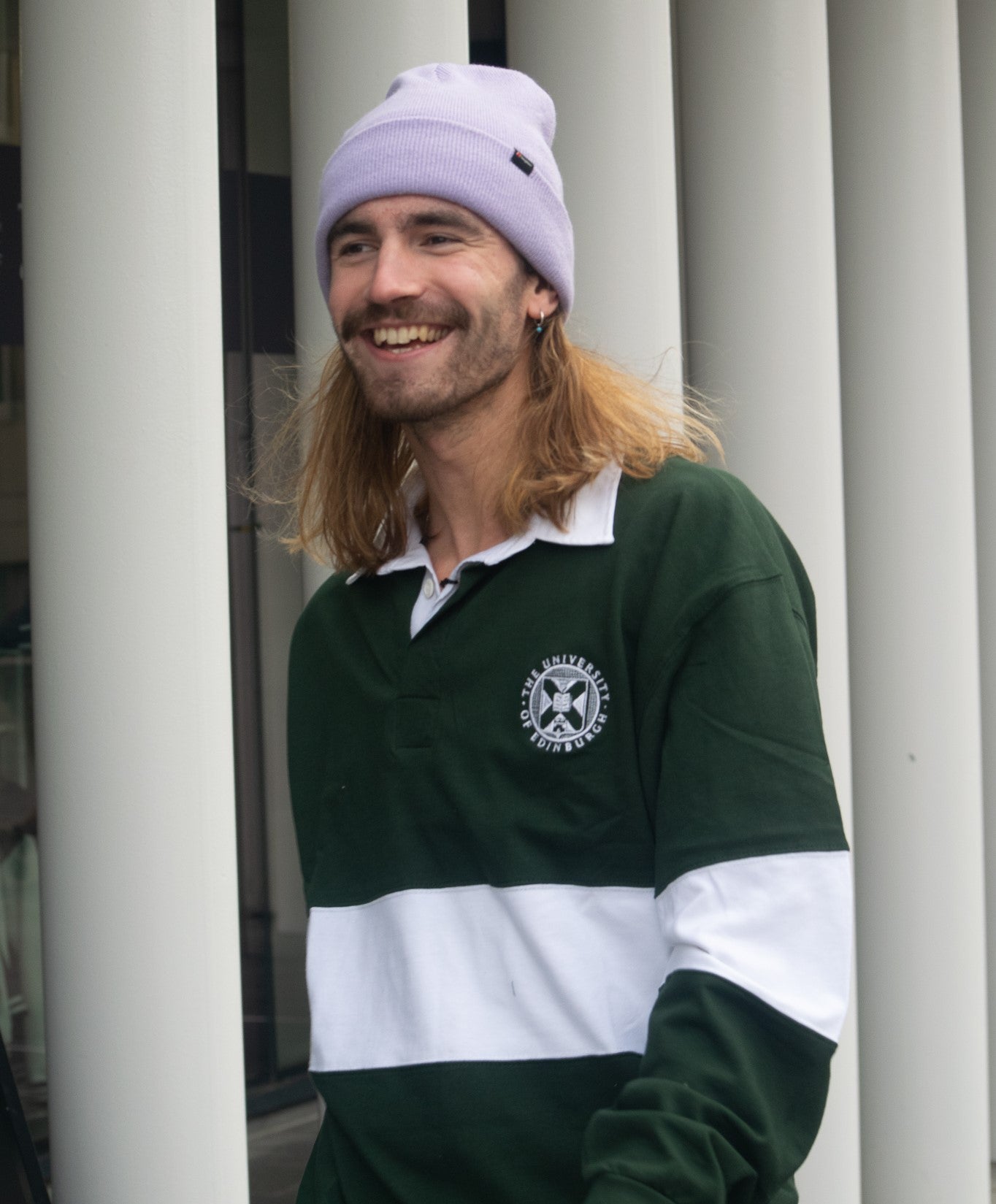 Model wearing Single Stripe Rugby Shirt in Green/White