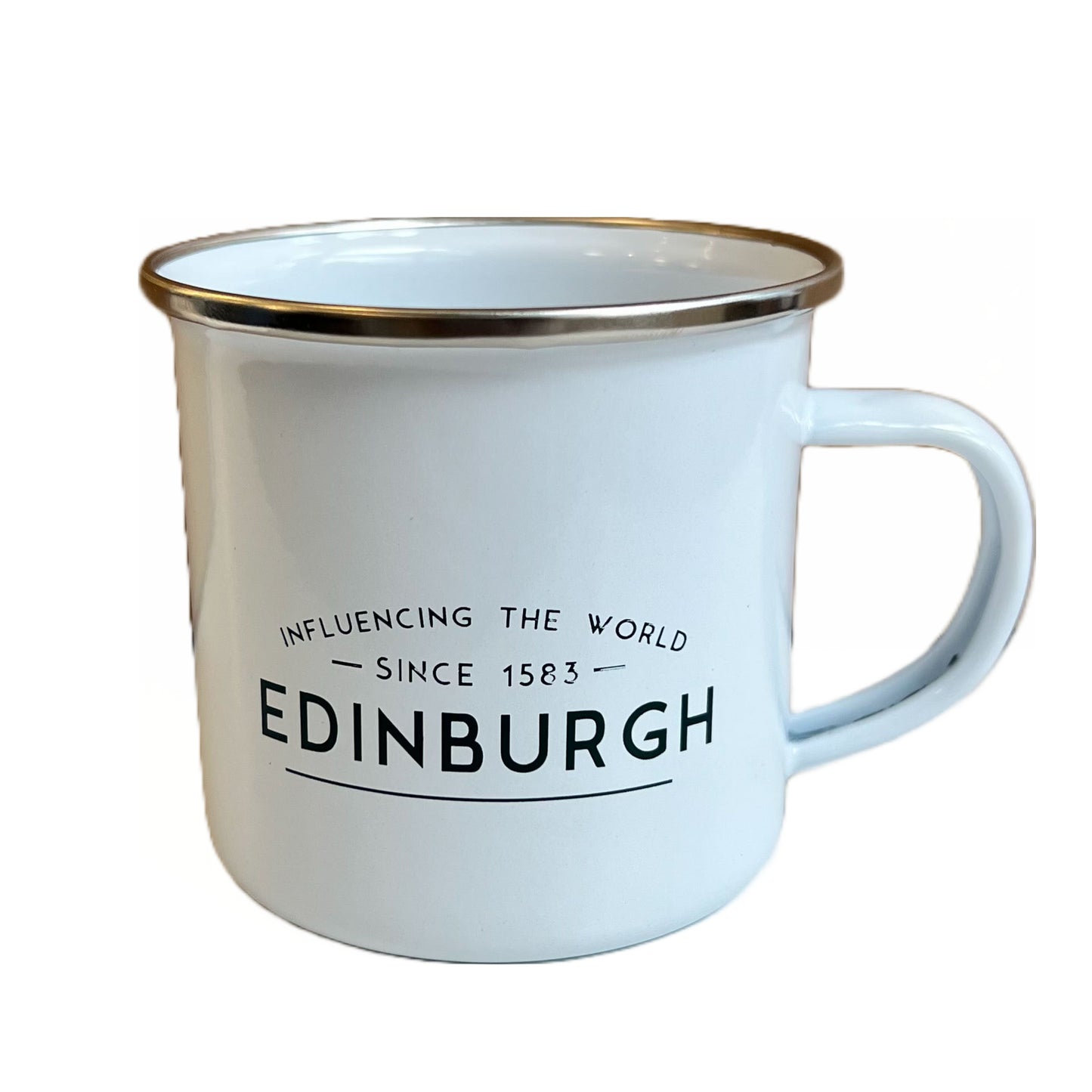 white enamel mug with influencing the world since 1583 edinburgh print