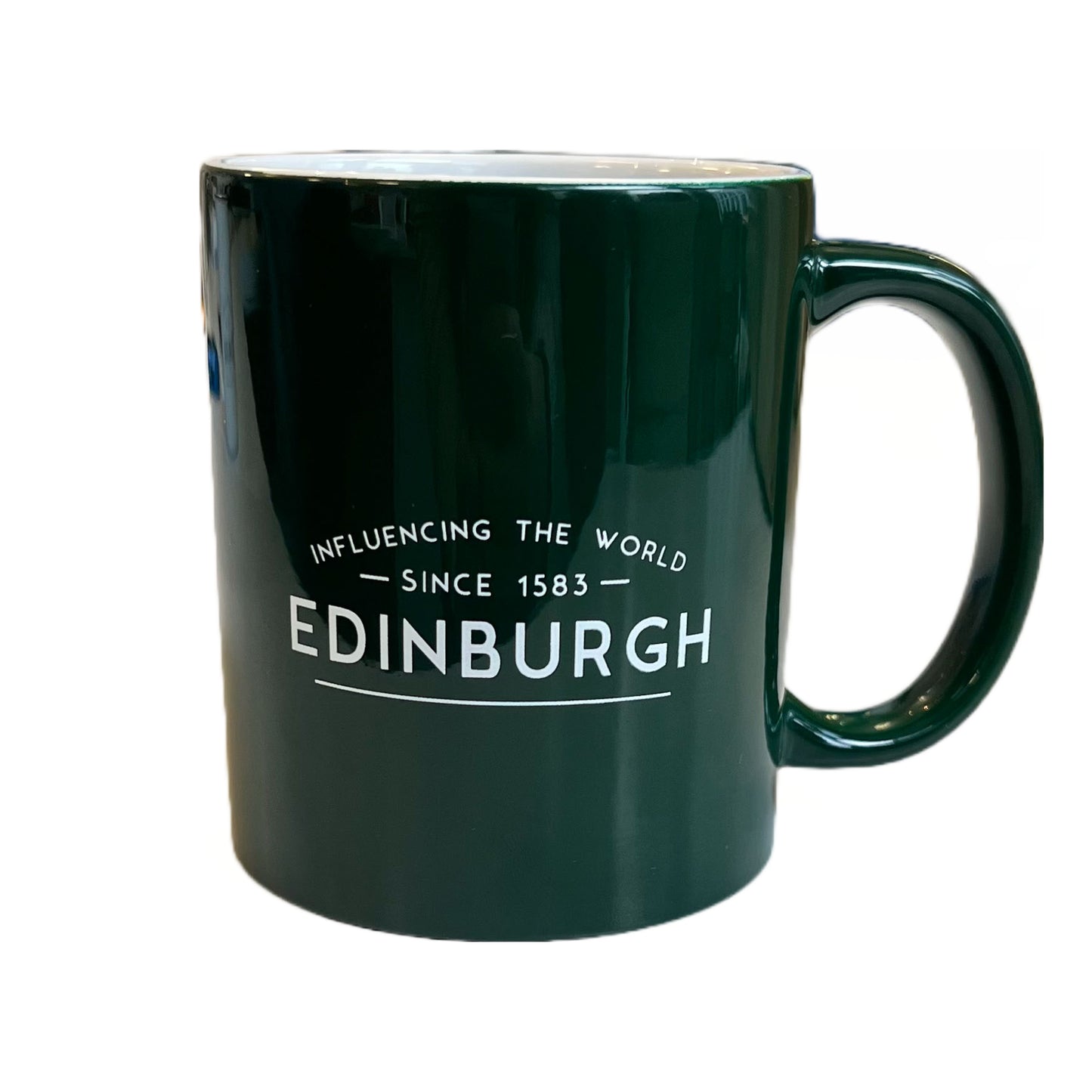 green mug with influencing the world since 1583 edinburgh print in white